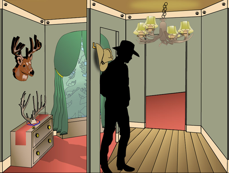 cowboy in a series of rooms