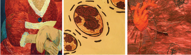 Triptic composition of gridded painting.